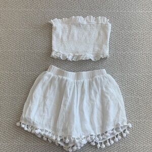 White Pom-Trim Tube Top & Pom-Pom Shorts Set